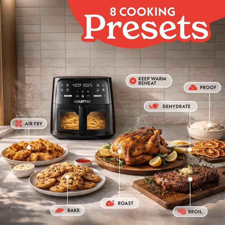 Gourmia, 8 Qt Air Fryer, GAF823, 8 Presets, Digital Display