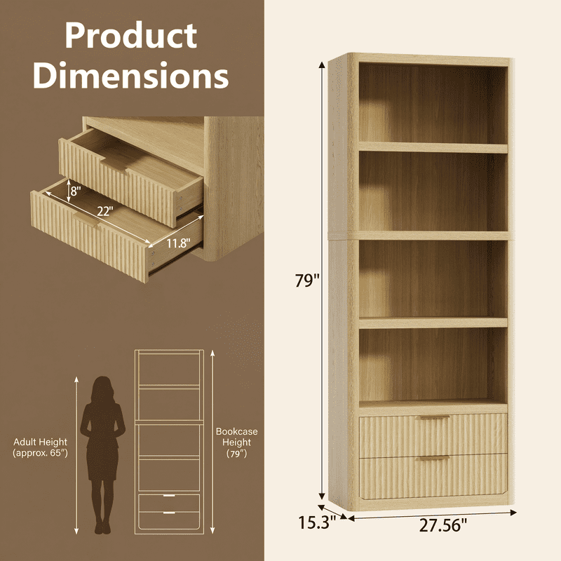Vineego 5-Tier Tall Bookshelf with 2 Drawers, Modern Open Storage Bookcase, Freestanding Display Shelf for Living Room, Bedroom & Home Office, Light Oak Finish