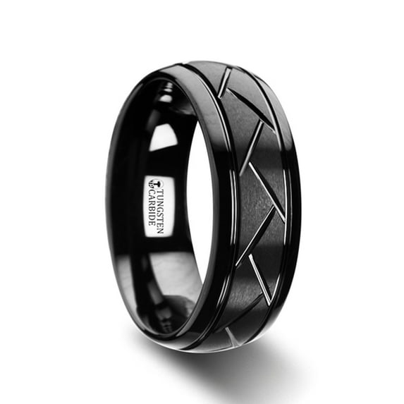 Enigma Domed Black Tungsten Ring With Brushed Cross Alternating Diagonal Cuts Pattern