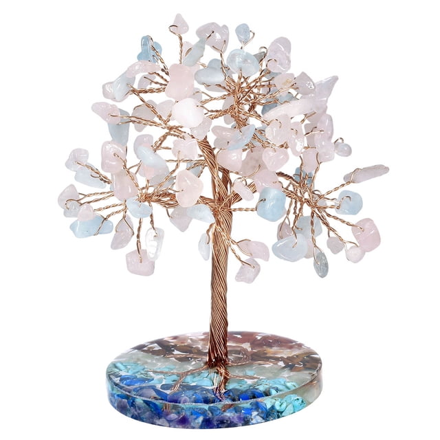 Yuarrent Elegante colgante de árbol de piedras de cristales curativos, adorno de árbol de piedras de cristales para el hogar Decoración del hogar Aguamarina cristal rosa