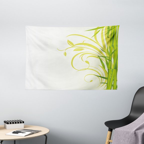 Green Tapestry, Bamboo with Artistic Floral Curly Leaves Asian Feng Shui Zen Garden, Wall Hanging for Bedroom Living Room Dorm Decor, 60W X 40L Inches, Lime Green Pale Green White, by Ambesonne