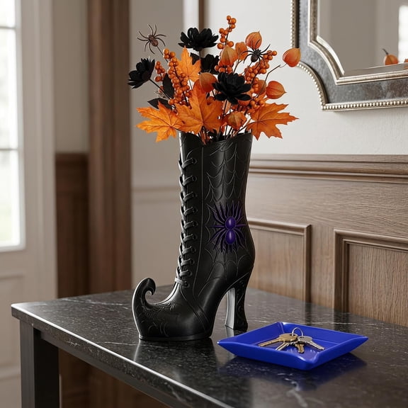 Witch Boot Vase for Halloween Decor, 3D Printed Spider Web Gothic Flower Vase Holder, Gothic Planter Halloween Decorations Table Centerpieces for Indoor Outdoor Home Office Decor