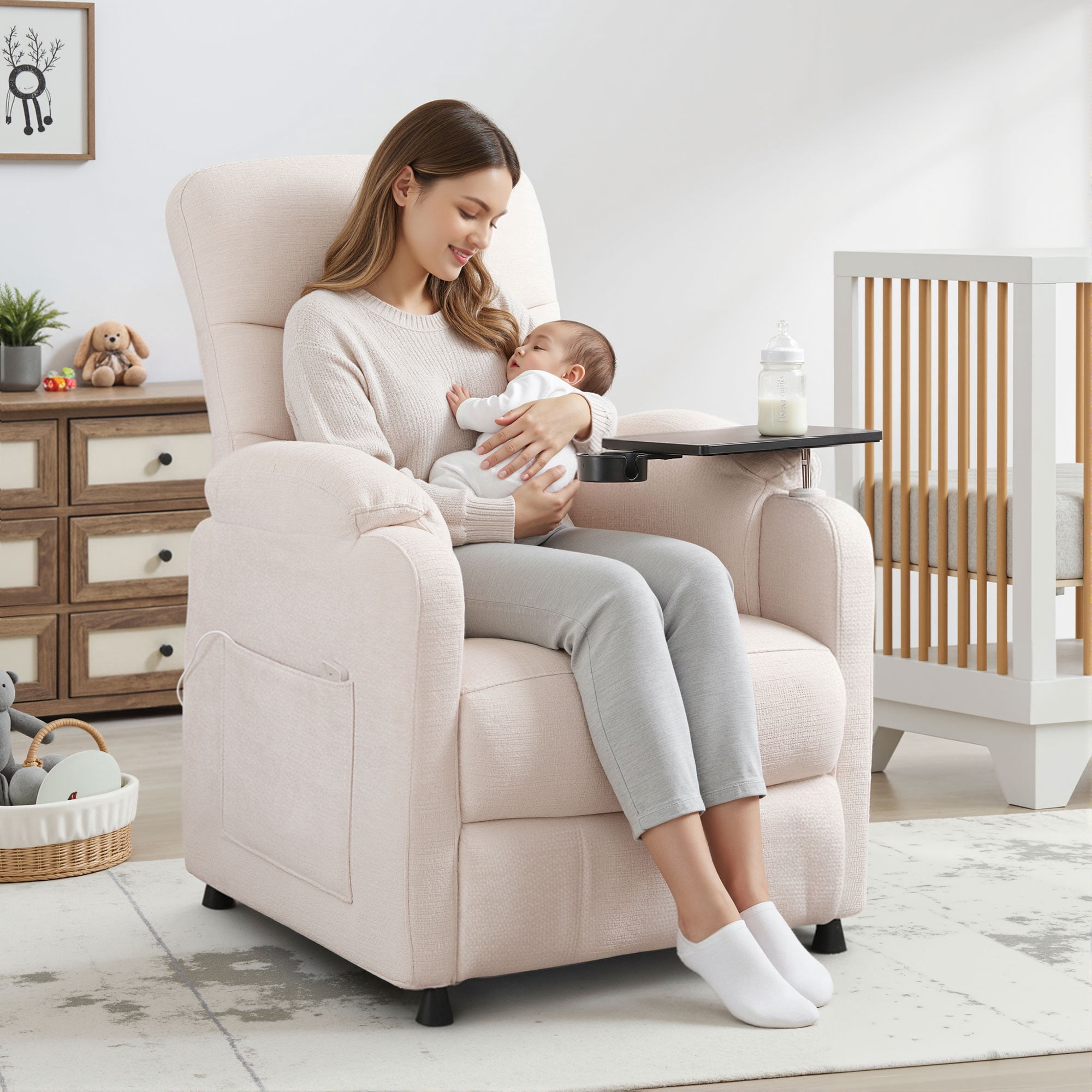 Holaki Power Recliner Chair, Modern Chenille Recliner Chair Swivel Table Top & Built in Cup, Adjustable Home Theater Seating with Lumbar Support, Small Nursery Recliner for Living Room, Beige