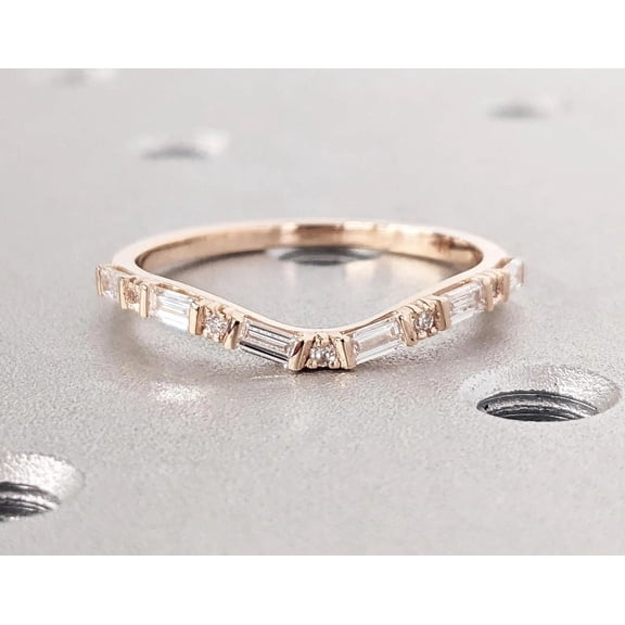 Jewelerix 14K Yellow Gold Vermeil Chevron Wedding Band for Women, Baguette Diamond Stackable Ring, Curved V Shape Anniversary Band, Minimalist Bridal Ring