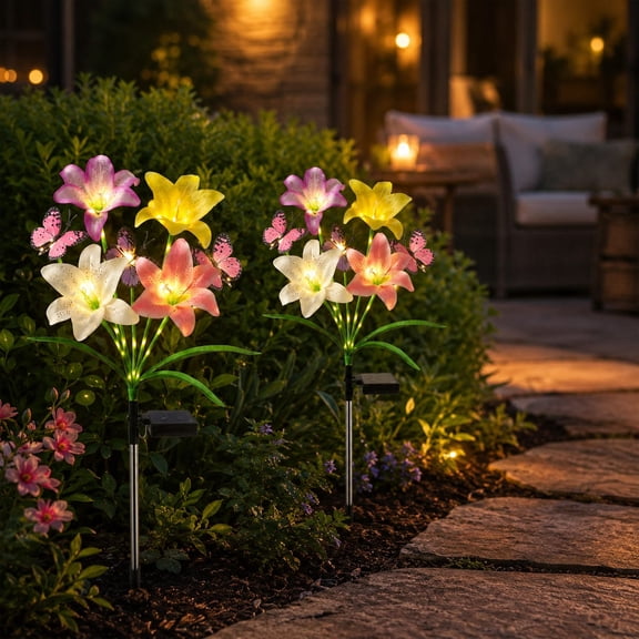 Maspost 2 pack Solar Lily Flower Lights with Butterfly Decor, 8 LED Waterproof Garden Stakes, Warm White for Patio Lawn Yard