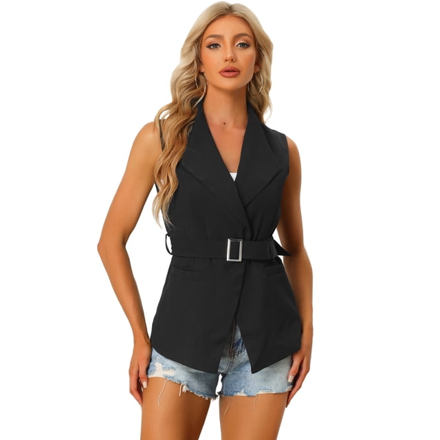 Chaleco sin mangas con cinturón y cuello chal Allegra K para mujer Negro XL