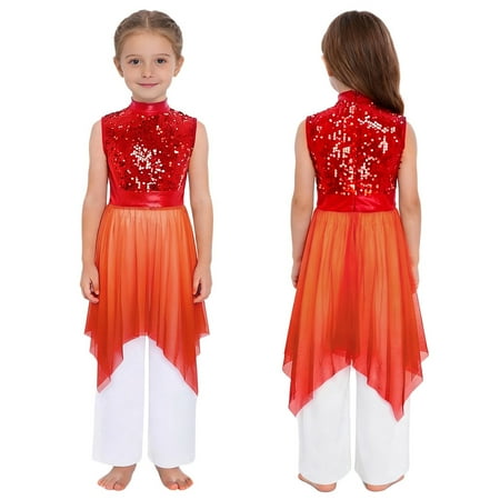 inlzdz Girls Praise Dance Outfits Glittery Worship Tunic Overlay Dress with Palazzo Pants Liturgical Dancewear Red 12