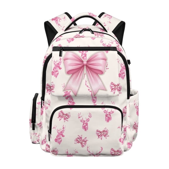 HUIACONG Pink Bow Deer School Backpack for Boys Girls Ages 6-18 Water Resistant Multi Pocket Padded Adjustable Straps Large Capacity Bookbag for Elementary Middle High School Daily Use