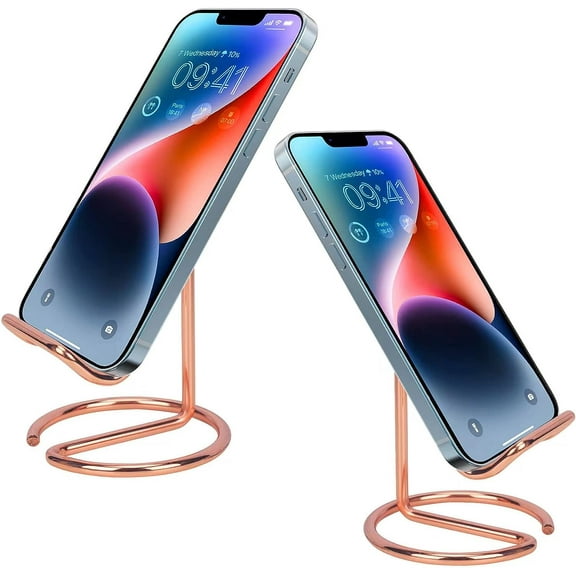 Cell Phone Stand for Desk, Cute Metal Cell Phone Stand Holder Desk Accessories， Compatible with iPhone/Android Phones/iPad Mini/Kindle, Charging Accessories（2Pack Rose Gold）