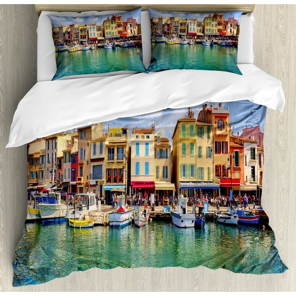 Colorful Duvet Cover Set King Size, Mediterranean Style Houses on Promenade at City of Cassis Provence Region France, Decorative 3 Piece Bedding Set with 2 Pillow Shams, Multicolor, by Ambesonne