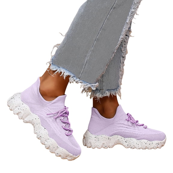 Platform Sneakers for Women Stretch Knitted Slip on Chunky Tennis Shoes Casual Cushioning Lace up Running Athletic Shoes Light Purple Size 5.5