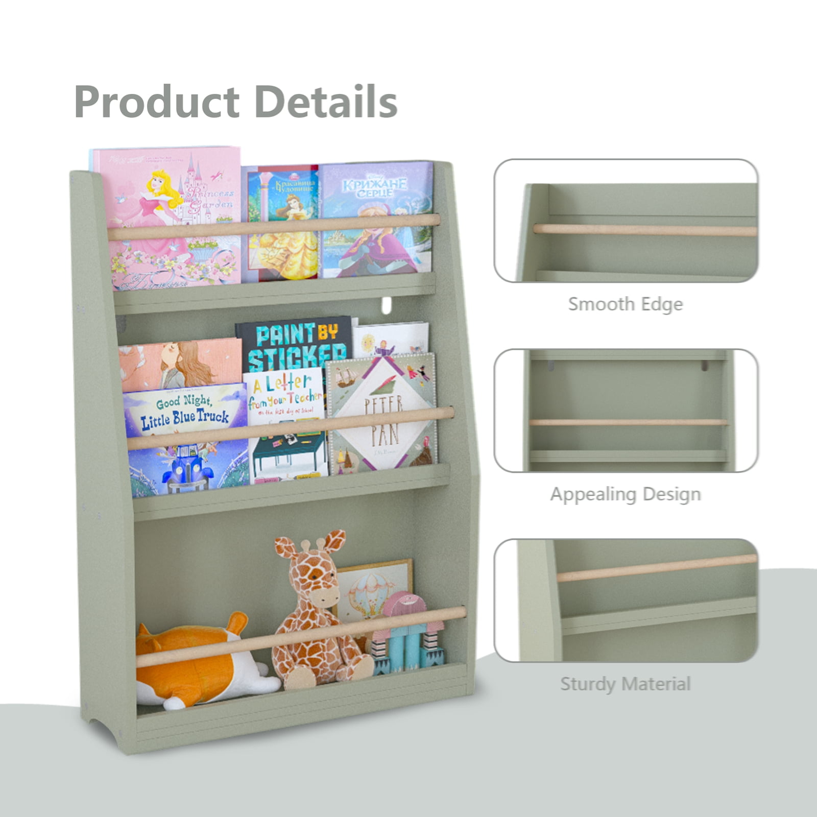 3 Tier Kids Book Shelf,Kids Book Rack, Helps Keep Bedrooms, Playrooms, and Classrooms Organized, Sage