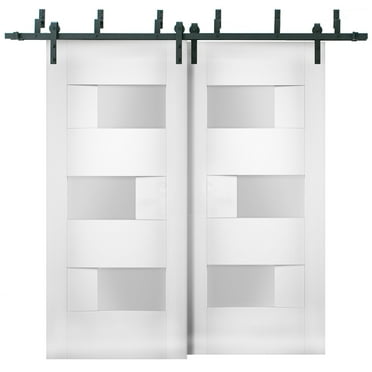 Sliding Closet Opaque Glass Barn Bypass Doors / Sete 6933 White Silk / Modern 6.6ft Rails Hardware Set / Wood Solid Bedroom Wardrobe Doors
