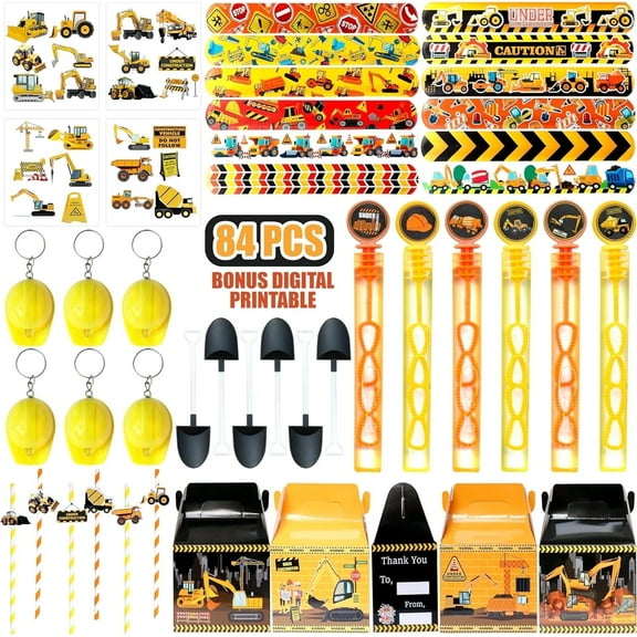 Under Construction Theme Birthday Party Favors Treat Box Straw Stickers Bubbles for Kids Gift, 84-Piece