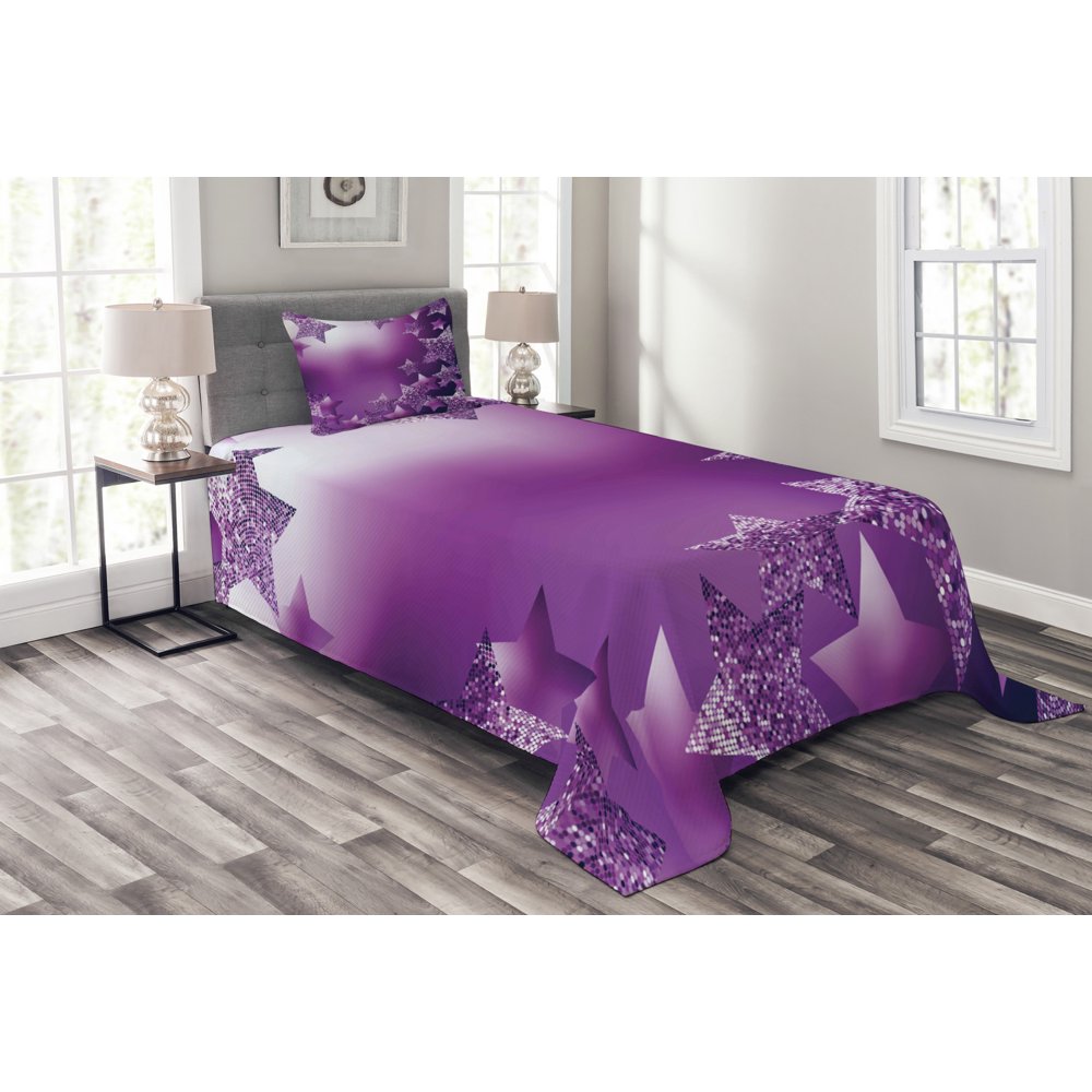 Christmas Bedspread Set, Xmas Stars Backdrop with Vibrant Fractal