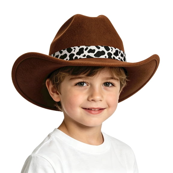 Lispipm Western Cowboy Hat for Kids Girls Boys Wide Brim Felty Vintage Cap with Cow Print Decorative Band Outdoor Windproof Hats Brown 3-15 Years