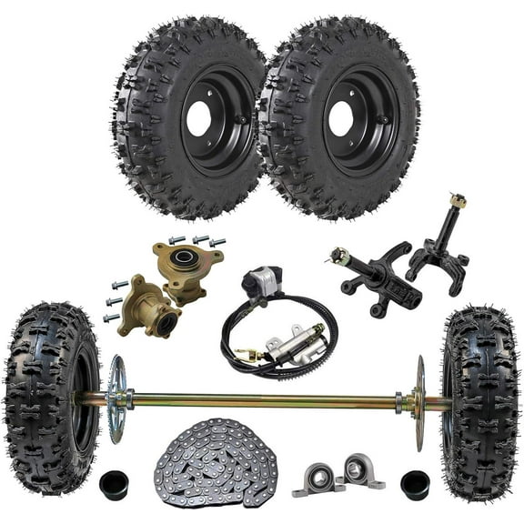 Rear Axle Shaft Kit with 4.10-6 Front/Rear Wheels Tires Rims Brake Assembly and Chain & Sprocket & Steering Knuckle Kit for Go Kart Quad Trike Drift Bikes