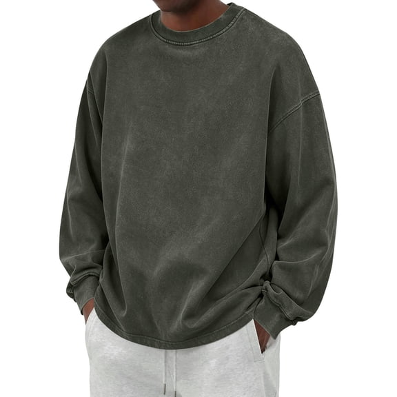 Leidass Sweatshirts for Men Vintage Boxy Fit Crewneck Ribbed Cuffs Long Sleeve Plain Casual Pullover Army Green L