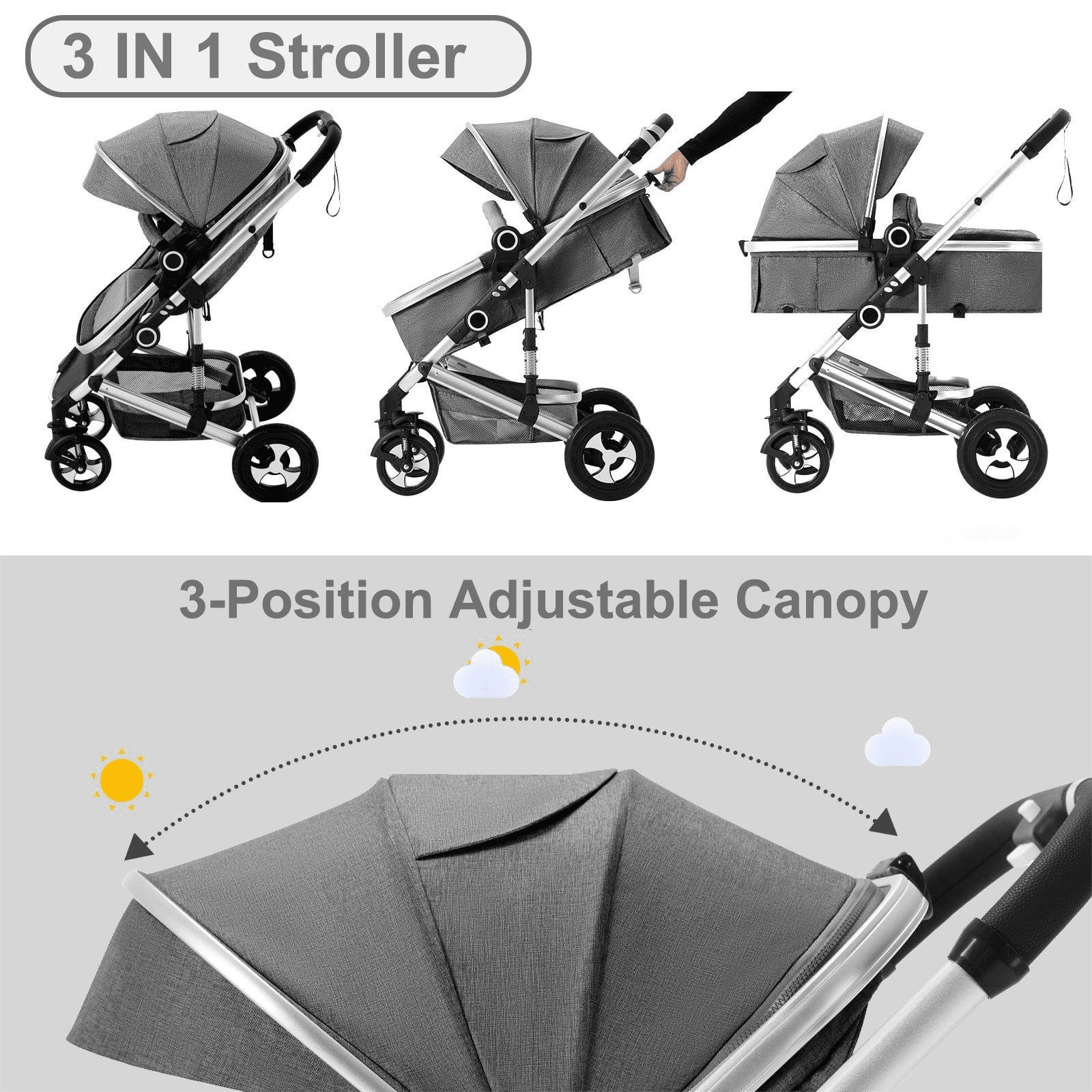 AILEEKISS 3-in-1 Convertible Baby Stroller with Big Seat and Adjustable Canopy, 24 Pound, Dark Grey