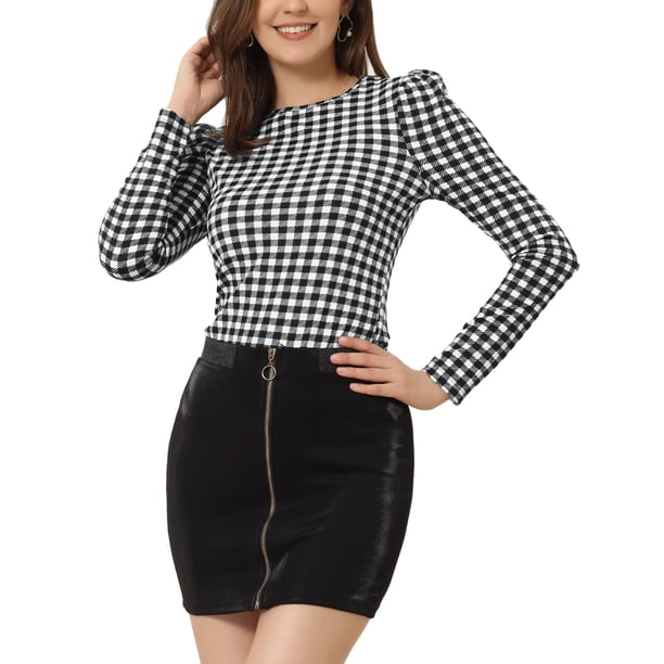 Camiseta de manga larga de punto con cuello redondo y mangas abullonadas INSPIRE CHIC para mujer, top de pullover a rayas XL en negro y blanco