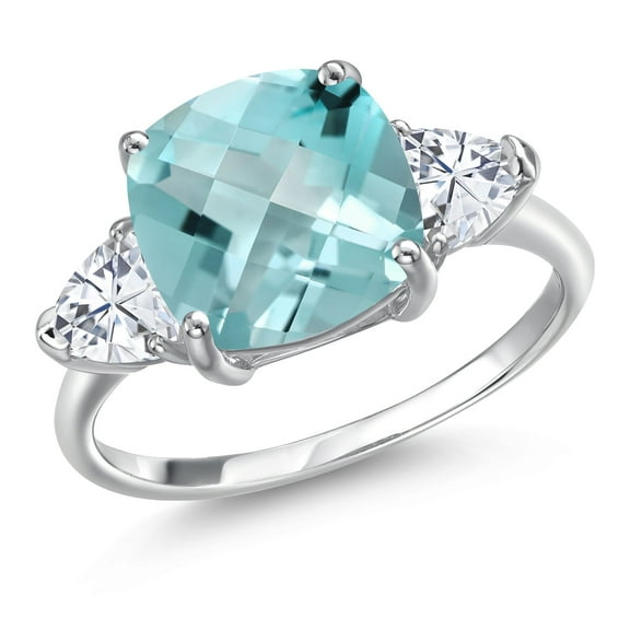 Gem Stone King 10K White Gold Sky Blue Topaz and White Moissanite Engagement Ring for Women | 6.09 Cttw | Cushion Checkerboard 10MM | Gemstone November Birthstone | Size 5