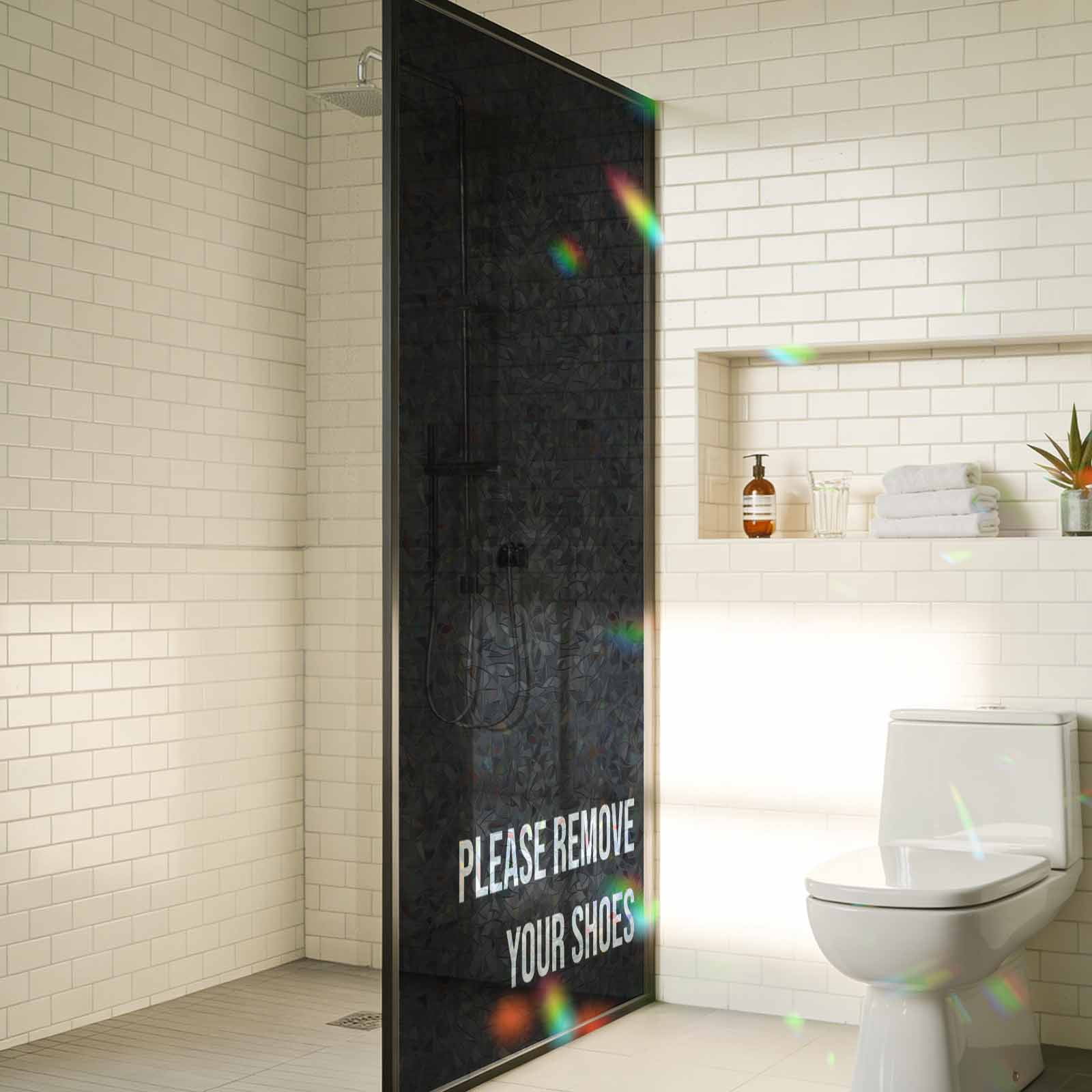 Black Window Privacy Film Stain Glass,Reusable Decorative Rainbow Window Film,Funny Letters Please Remove Your Shoes Non-Adhesive Static Cling Sun Blocking Stickers Decals Covers 23.6" x 78.7" (2pcs)