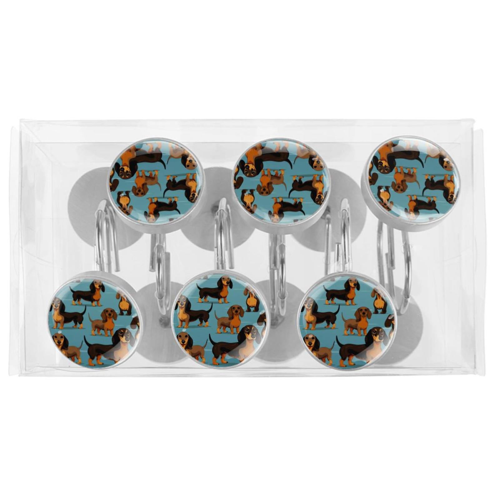 Dachshund Shower Curtain Hooks （Set of 12） for Home Hotel Shower Rods Bathroom Crystal Glass Print Stainless Steel Round Curtain Hooks