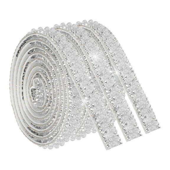 3 Pcs 3 Yard Self Adhesive Pearl Rhinestone Ribbon, 1cm Pearls Rhinestone Tape Diamond Pearls Trim for Wedding Party Supplies White