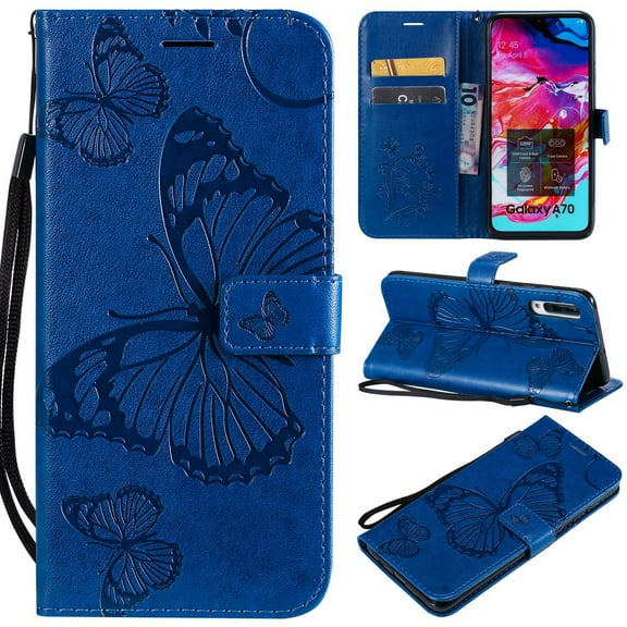 Galaxy A70 Wallet Case, Dteck Embossed Butterfly Flip PU Leather Folio Case Cover with Hand Strap [Magnetic Closure][Built-in Card Slots] For Samsung Galaxy A70, Blue Butterfly