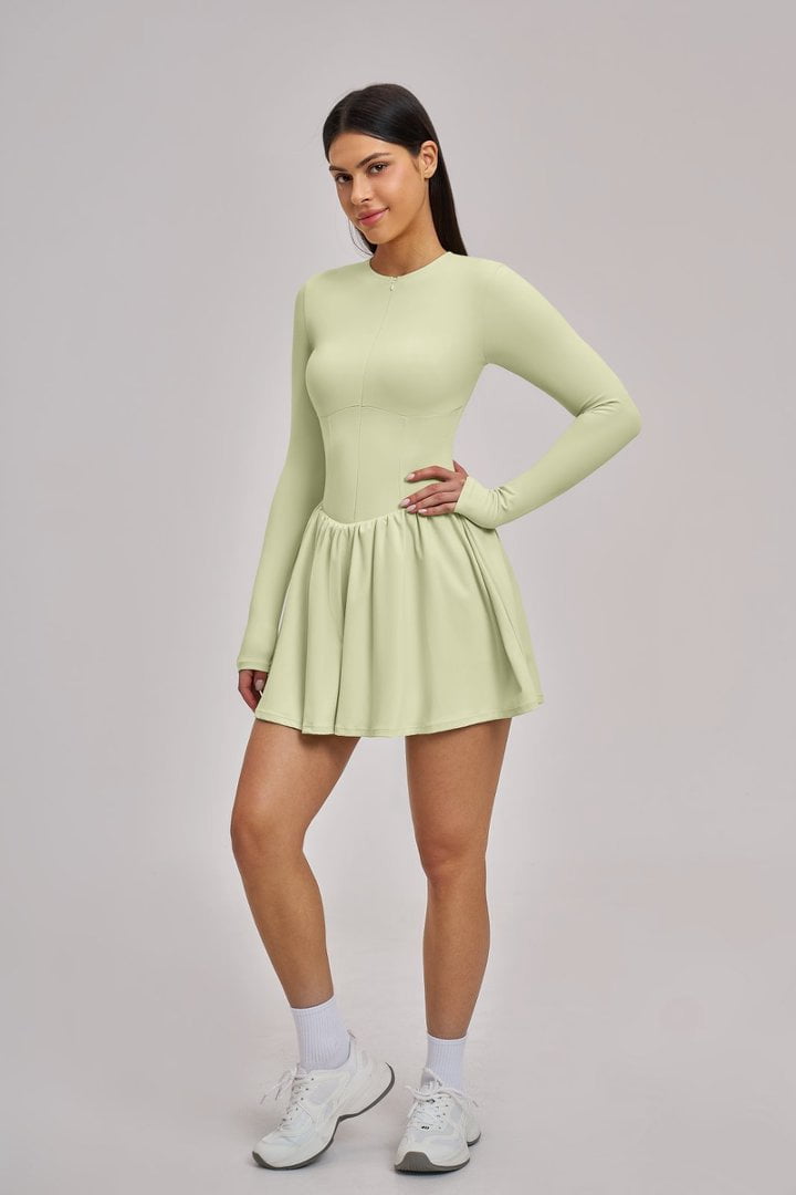 PISONIC Women Tennis Dress Long Sleeve Athletic Outfit with Built in Shorts Mini Golf Workout Dress with Pockets