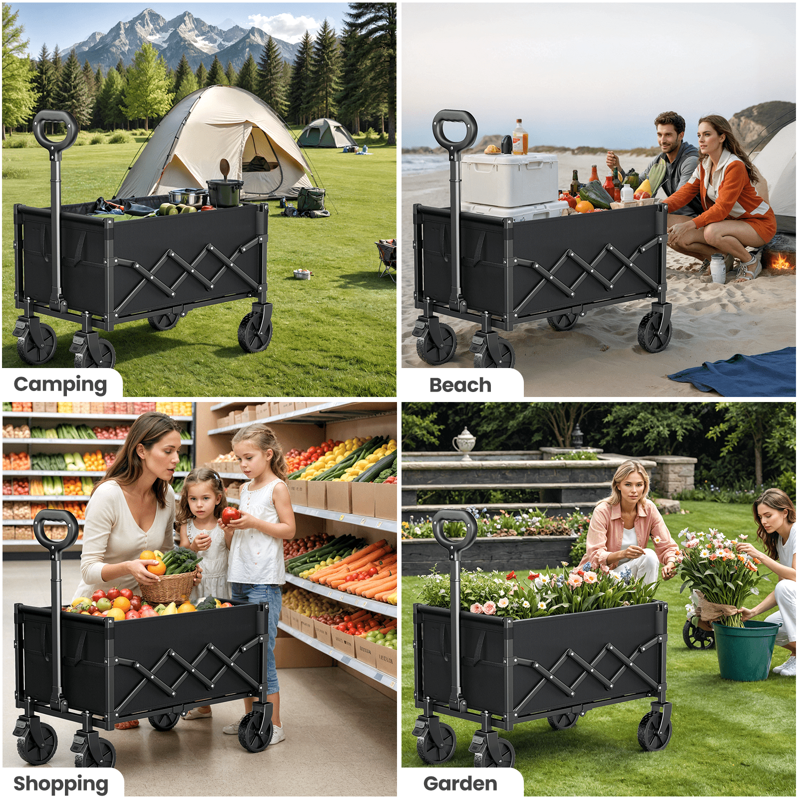 Collapsible Wagon Cart with Expandable Storage & Locking Front Wheels, Portable Foldable Wagon for Beach, Camping, Shopping