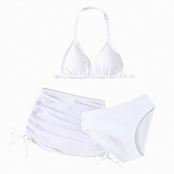 Hessimy Girls Swimsuit 2 Piece Bikini Set Contrast Trim Bathing Suit Solid Color Swimwear with Adjustable Strap(White,8-9 Years)