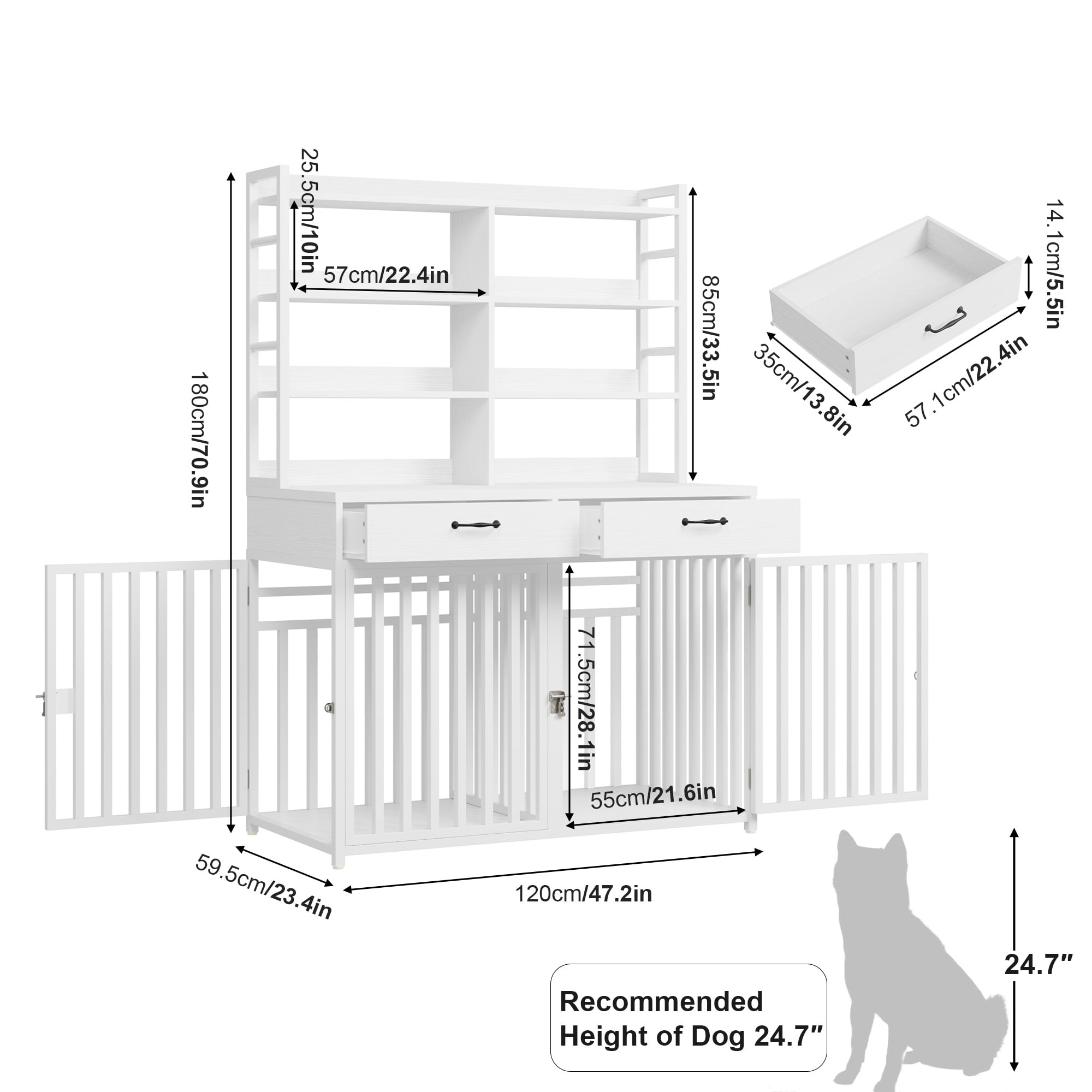 Homfa Dog Crate with 2-drawers and Storage Shelves, Indoor Furniture Style Metal Large Dog Kennel, White