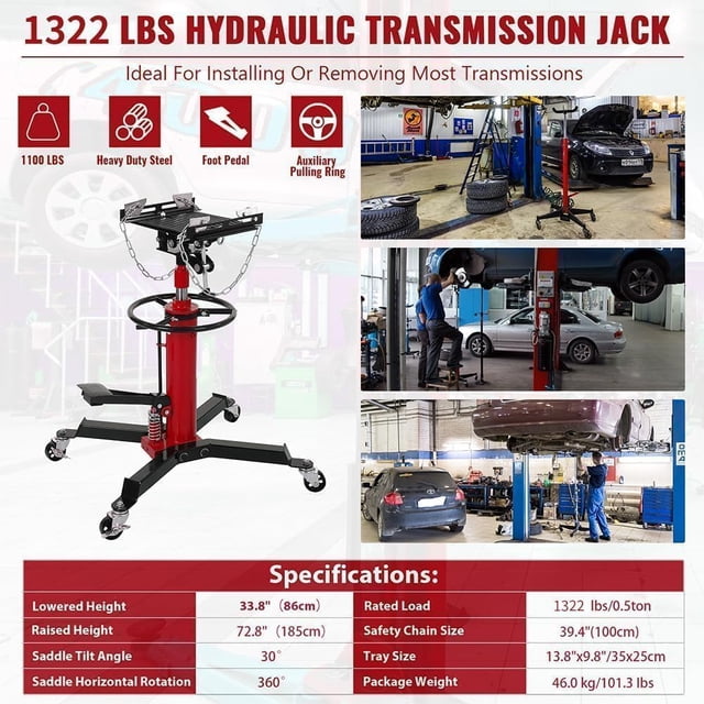 EDTara Vérin de Transmission Hydraulique, Capacité de 1322 Lbs, Levage Télescopique Réglable à 2 Étages, Pédale de Commande, et Roues Pivotantes à 360°