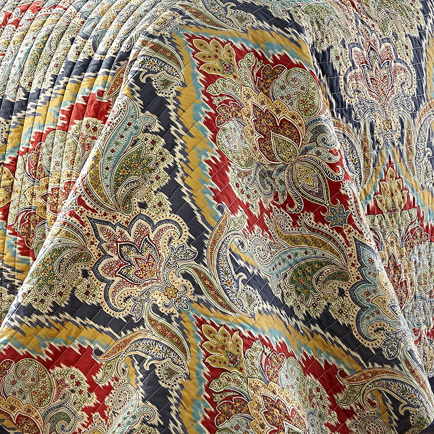 Levtex Home - Moreno Quilt Set - King Quilt + Two King Pillow Shams - Traditional Damask - Red, Blue, Grey, Gold, Teal - Quilt (106x92in.) and Pillow Shams (36x20in. ) - Reversible - Cotton