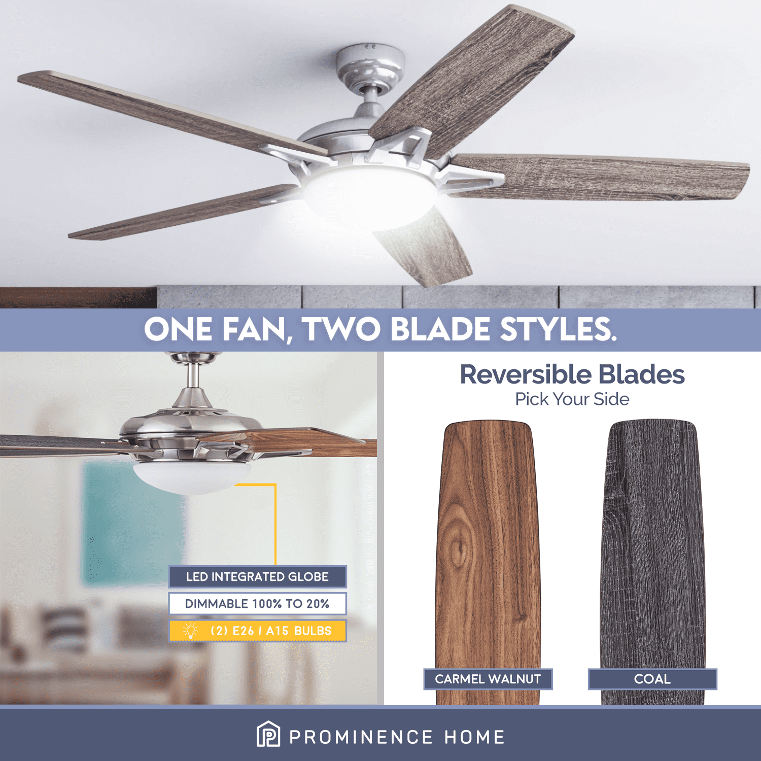 Prominence Home Clancy 52" Brushed Nickel Indoor Ceiling Fan with Light, 5 Blades, Remote & Reverse Airflow