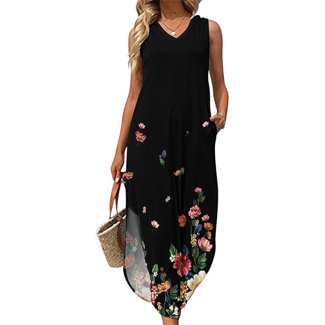 SMihono Robe Maxi Bohème d'Été pour Femmes Grande Taille Sexy Mode Sans Manches Imprimée Col en V avec Poches Longue Robe de Plage