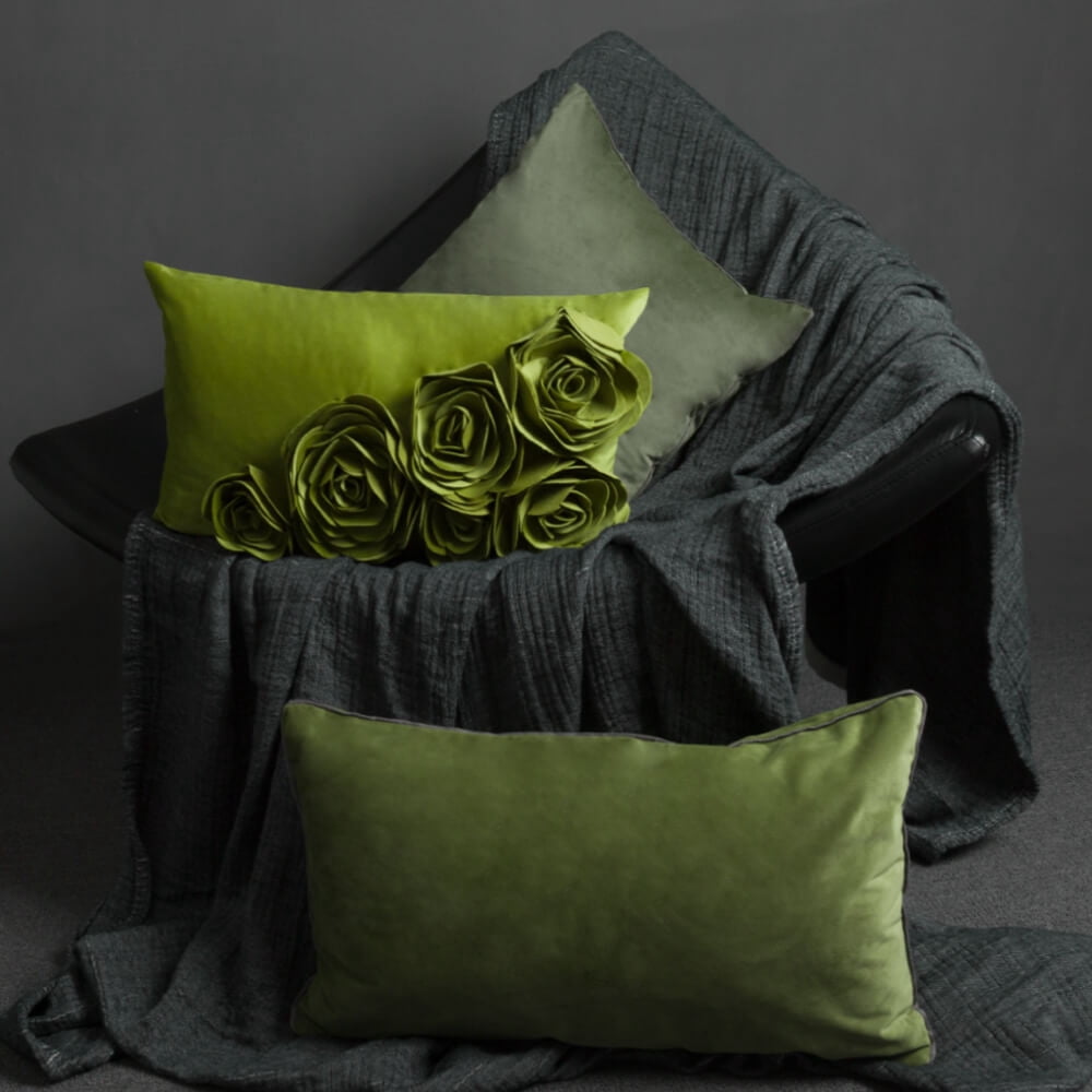 JWH 3D Decorative Grass Green Velvet Flower Throw Pillow Cases for Bed Sofa Chair Decoration 12x20inch