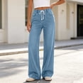 thumbnail image 2 of Dzrciro Denim Pants for Women, Drawstring High Waist Straight Leg Jeans with Side Pockets, Casual Daily Office Working Long Pants S-2XL, 2 of 8