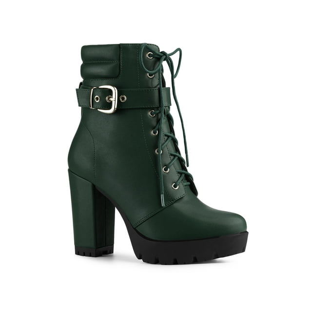 BLISSFUL STEP Bottine Cheville à Talon Bloc à Plateforme à Boucle et à Lacets pour Femme Vert Foncé (Taille 9)
