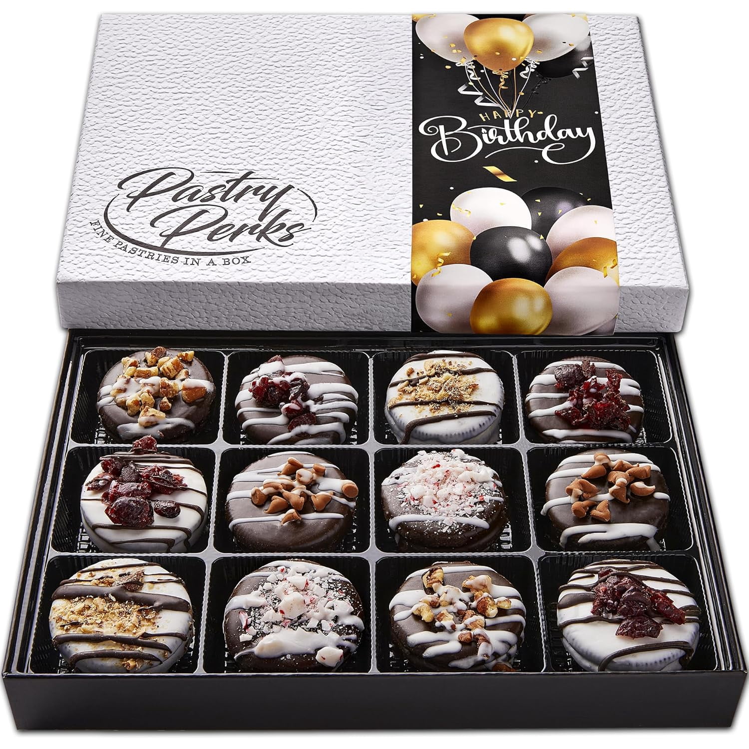 Pastry Perks 12 Gourmet Chocolate-Covered Cookies, Happy Birthday Gift Basket – Delicious Celebration Treats for Men, Women, and Grandma – Holiday Food Delivery Gift Ideas