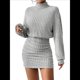 thumbnail image 3 of Vestido Tipo Jersey de Larga con Cuello Alto, Rayas, Ajustado, para Mujer, Otoño e Invierno, Falda Corta Gris L, 3 of 10