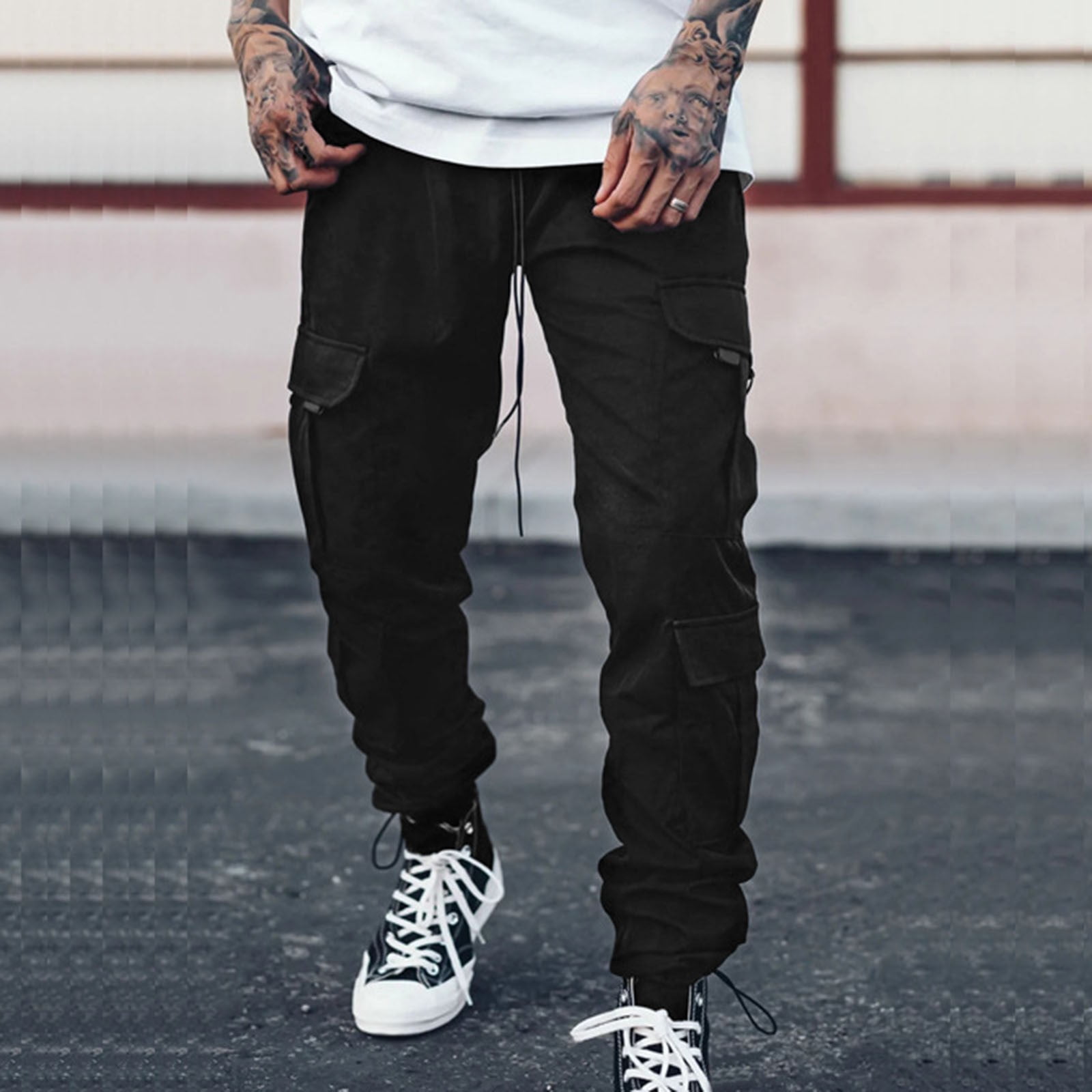 Ketyyh chn99 Cargo Joggers Men Loose Fit Shorts Fashion Casual Solid Loose Sport Pockets Long Pants Black L