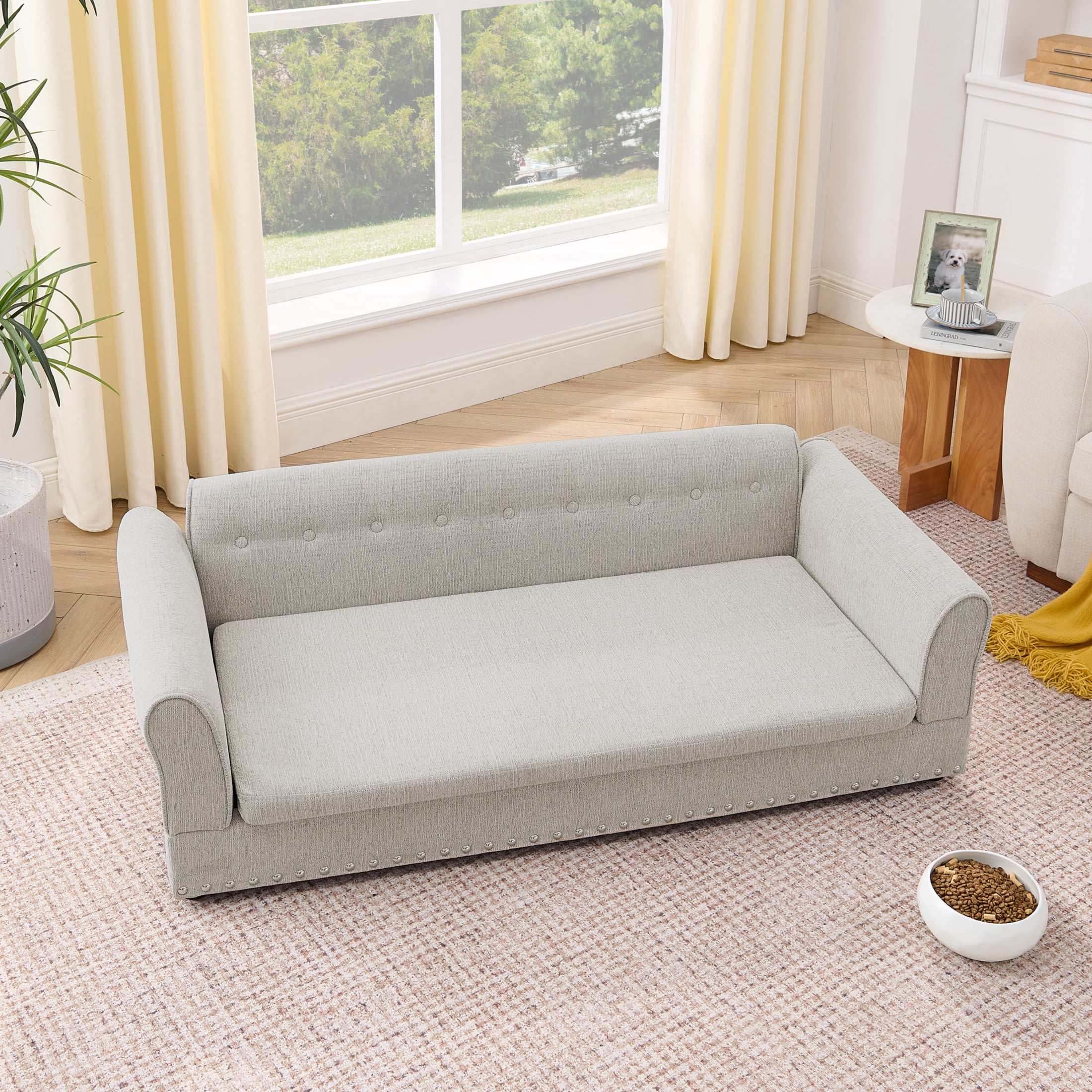 Noble House 55" Comfortable Elevated Pet Sofa, Elegant Oversized Linen Dog Bed with Support Armrests, Beige