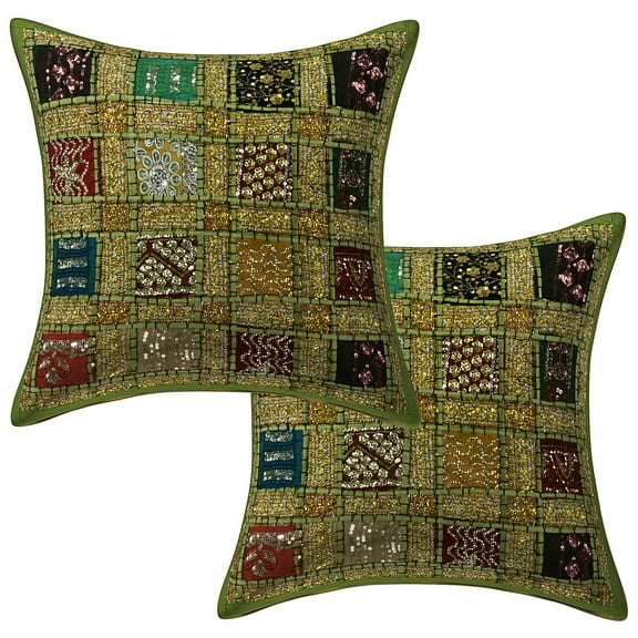 Stylo Culture Indian Sequins Couch Throw Pillow Covers 16 x 16 Patchwork Embroidered Parrot Green 40cm x 40cm Home Decor Cotton Geometric Square Cushion Covers | Set Of 2