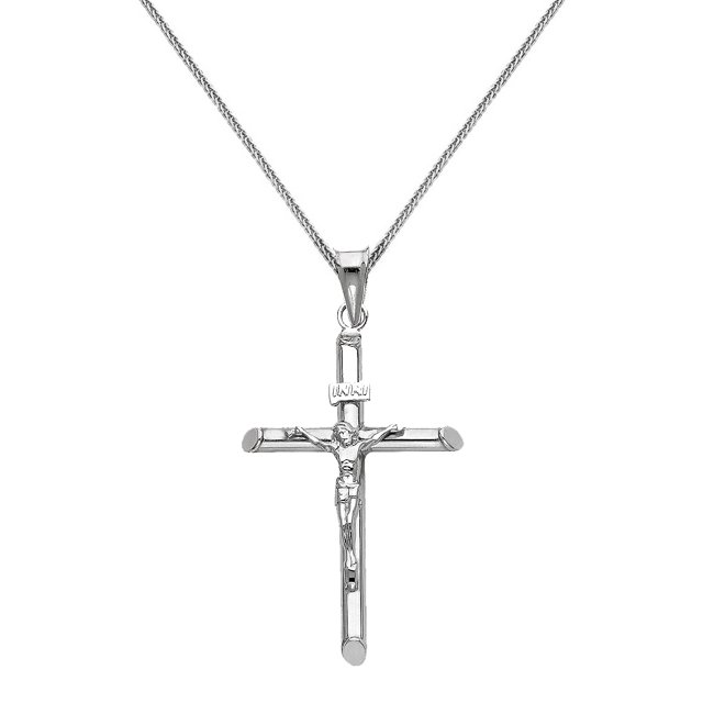 Precious Stars 14K White Solid Gold Crucifix Religious Unisex Pendant with 18" Chain Necklace