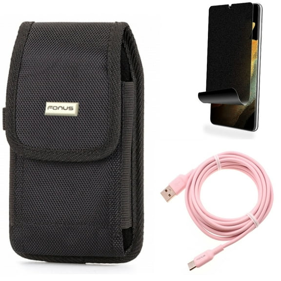 10ft Long USB-C Cable & Case Belt Clip & Privacy Screen Protector for Samsung Galaxy S22 Plus (S22 ) - Combo Pink Charger Cord Power Wire & Swivel Holster Rugged & TPU Film (Fingerprint) Anti-Peep
