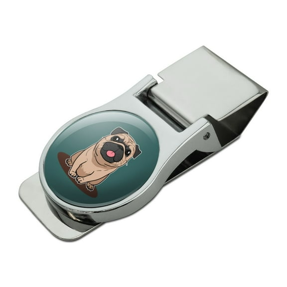Pug Sticking Out Tongue Satin Chrome Plated Metal Money Clip