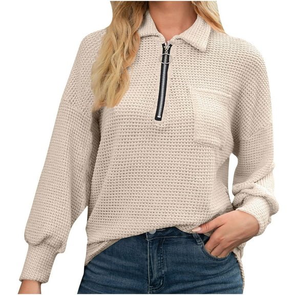 LYXSSBYX Women Long Sleeve Tops Hot Sale Clearance Ladies Fashion Casual V-neck Zipper Solid Color Pocket Long Sleeve Loose Top