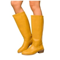Rokment Women's Wide Calf Knee High Boots Fashion Casual Solid Leather Pointed Toe Chunky Low Heel Mid Calf Motorcycle Riding Tall Boots Fall Winter Dress Boots Yellow Size 9.5
